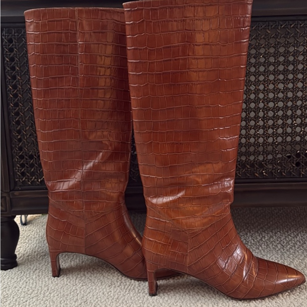 Cognac Croc-Embossed Knee-High Boots